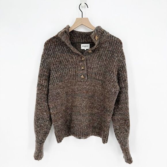 FRNCH PARIS Ribbed Henley Collar Sweater Striped Melange Brown Women's M - Picture 1 of 6